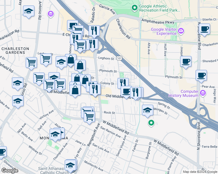 map of restaurants, bars, coffee shops, grocery stores, and more near 2000 Colony Street in Mountain View