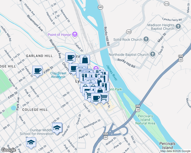map of restaurants, bars, coffee shops, grocery stores, and more near 12 9th Street in Lynchburg
