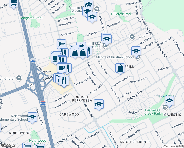map of restaurants, bars, coffee shops, grocery stores, and more near 2122 Treewood Lane in San Jose