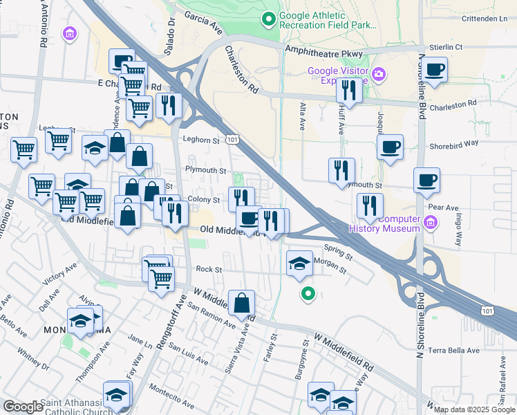 map of restaurants, bars, coffee shops, grocery stores, and more near 1912 Newbury Drive in Mountain View
