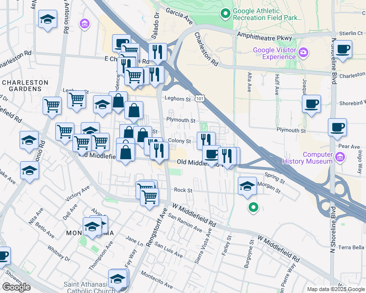 map of restaurants, bars, coffee shops, grocery stores, and more near 2000 Colony Street in Mountain View