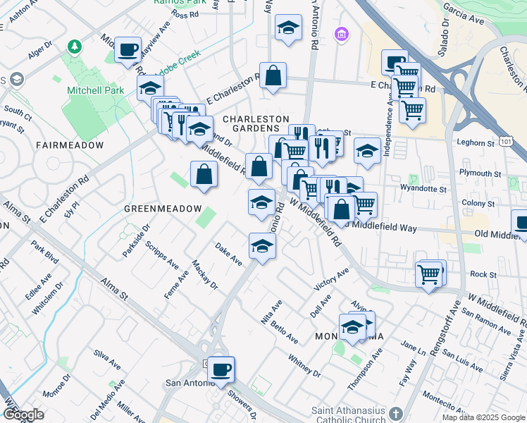 map of restaurants, bars, coffee shops, grocery stores, and more near 4153 Byron Street in Palo Alto