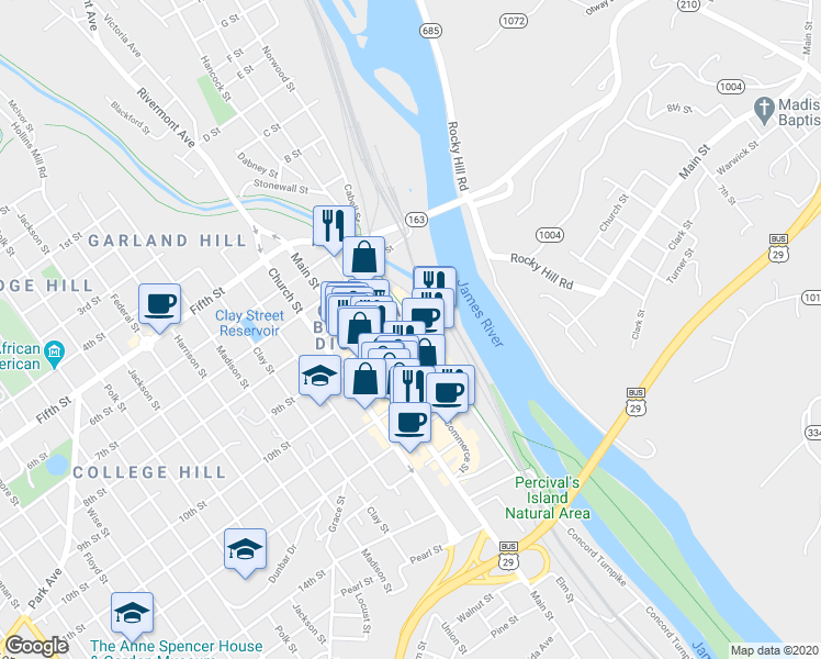 map of restaurants, bars, coffee shops, grocery stores, and more near 12 9th Street in Lynchburg