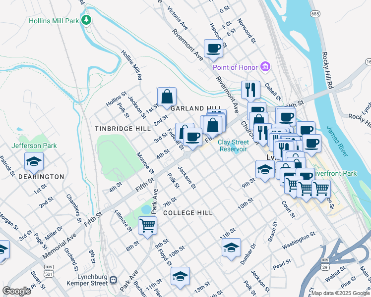 map of restaurants, bars, coffee shops, grocery stores, and more near 409 Harrison Street in Lynchburg