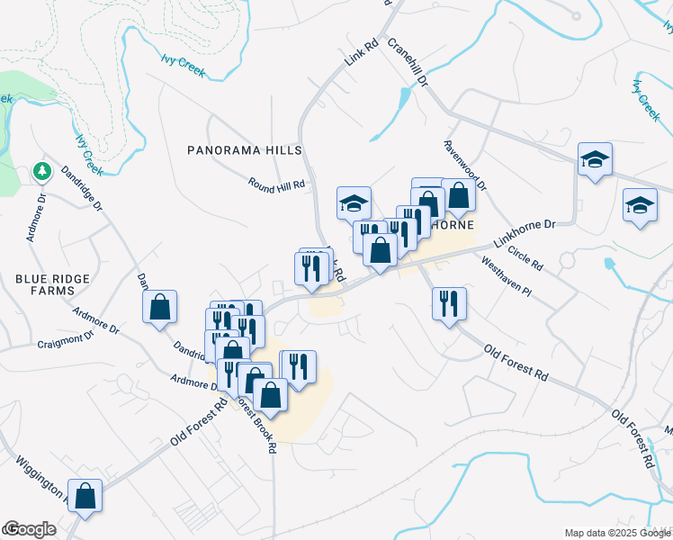map of restaurants, bars, coffee shops, grocery stores, and more near 3124 Link Road in Lynchburg