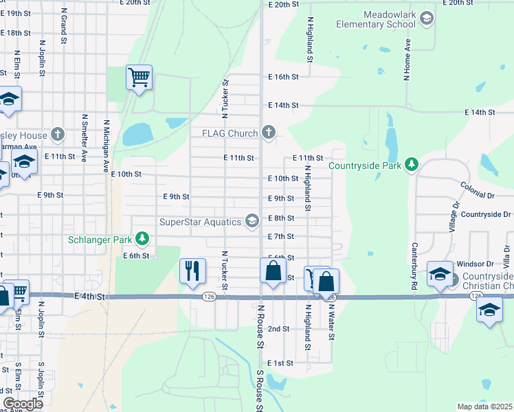 map of restaurants, bars, coffee shops, grocery stores, and more near 1011 East 9th Street in Pittsburg