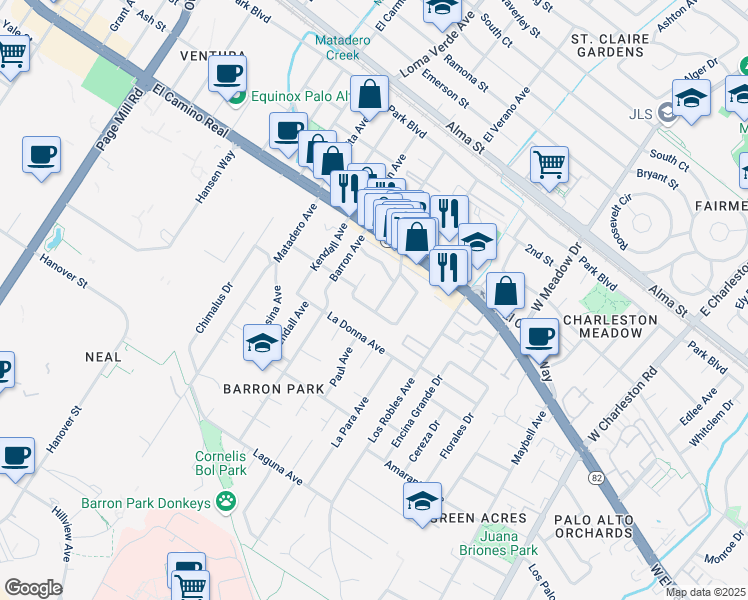 map of restaurants, bars, coffee shops, grocery stores, and more near 590 Military Way in Palo Alto
