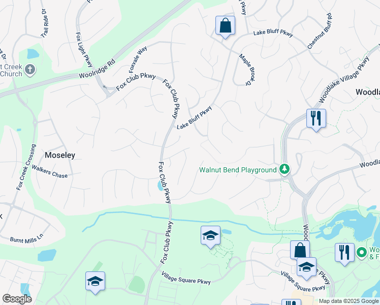 map of restaurants, bars, coffee shops, grocery stores, and more near 15113 Fox Grove Lane in Midlothian