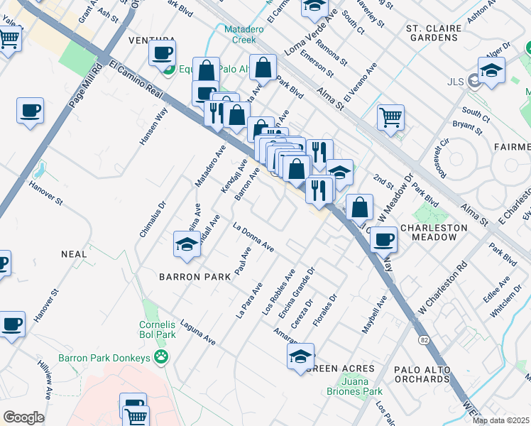 map of restaurants, bars, coffee shops, grocery stores, and more near 590 Military Way in Palo Alto