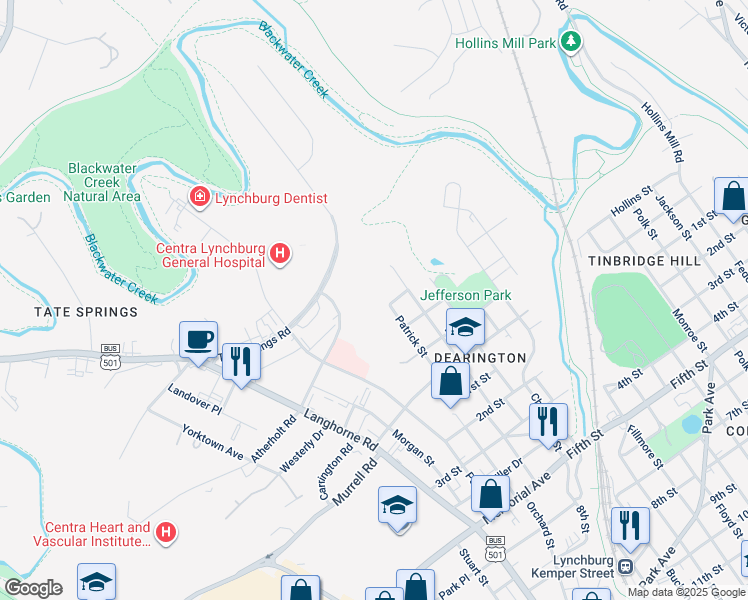 map of restaurants, bars, coffee shops, grocery stores, and more near 2001 Lovell Street in Lynchburg
