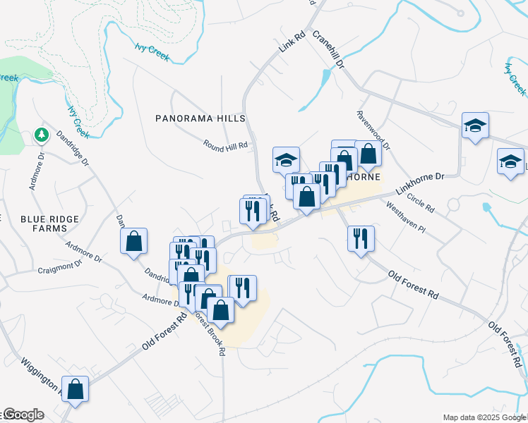 map of restaurants, bars, coffee shops, grocery stores, and more near 3101 Link Road in Lynchburg