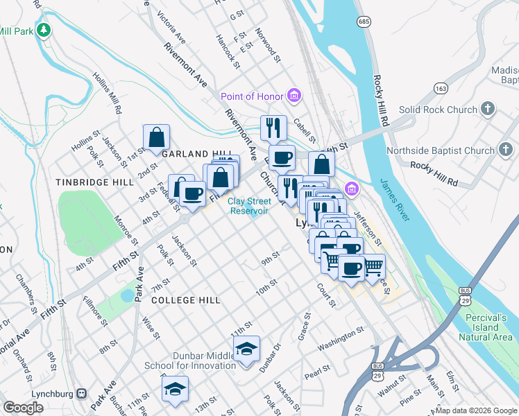map of restaurants, bars, coffee shops, grocery stores, and more near in Lynchburg
