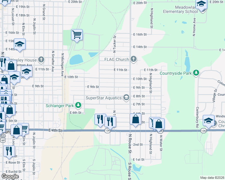 map of restaurants, bars, coffee shops, grocery stores, and more near 901-951 North Tucker Street in Pittsburg