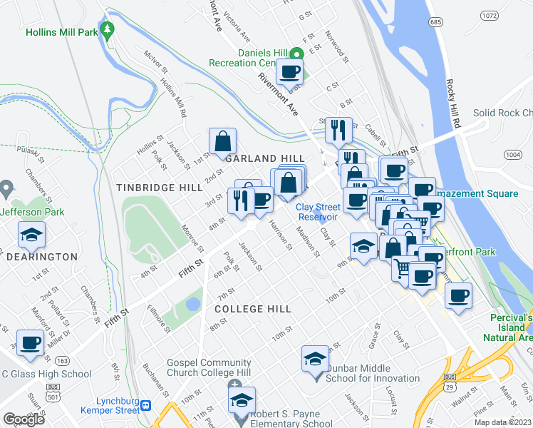 map of restaurants, bars, coffee shops, grocery stores, and more near 499 Harrison Street in Lynchburg
