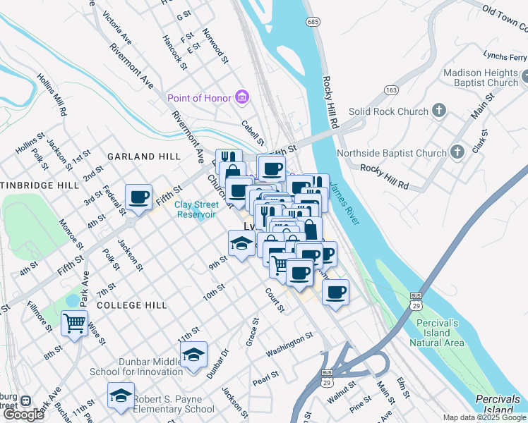 map of restaurants, bars, coffee shops, grocery stores, and more near 750 Main Street in Lynchburg