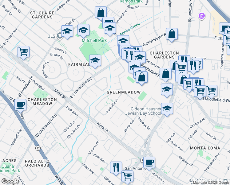 map of restaurants, bars, coffee shops, grocery stores, and more near 391 Creekside Drive in Palo Alto