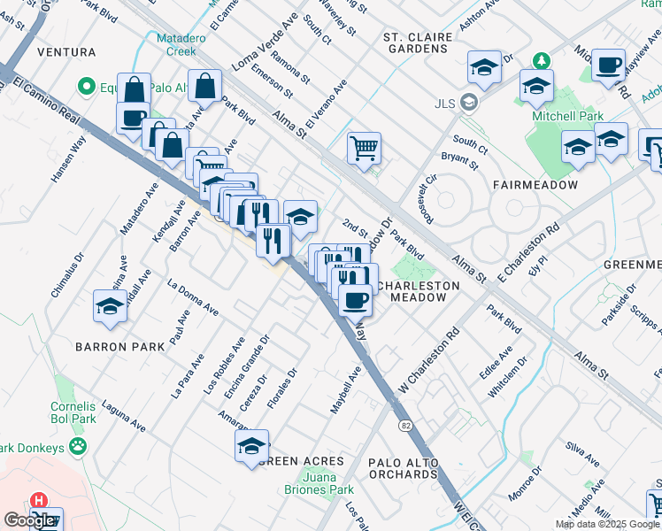 map of restaurants, bars, coffee shops, grocery stores, and more near 457 Jacobs Court in Palo Alto