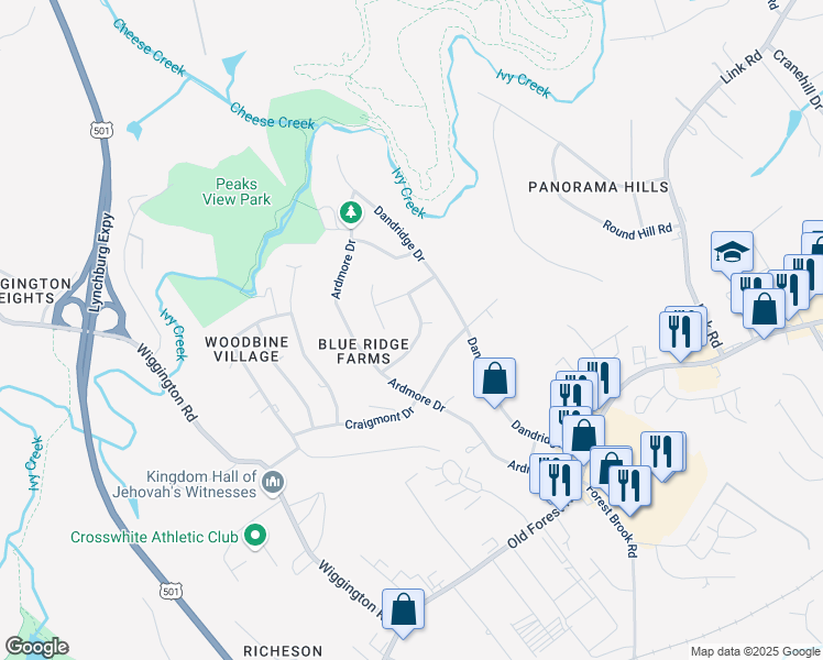map of restaurants, bars, coffee shops, grocery stores, and more near 1101 Ashley Drive in Lynchburg
