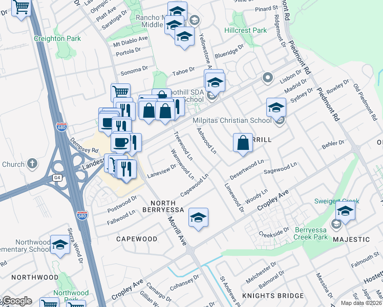 map of restaurants, bars, coffee shops, grocery stores, and more near 2122 Treewood Lane in San Jose