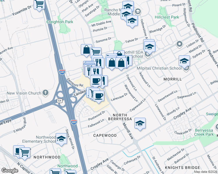map of restaurants, bars, coffee shops, grocery stores, and more near 3127 Drywood Lane in San Jose