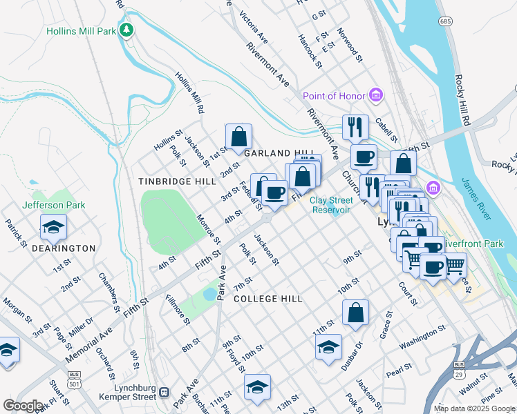 map of restaurants, bars, coffee shops, grocery stores, and more near 405 Federal Street in Lynchburg