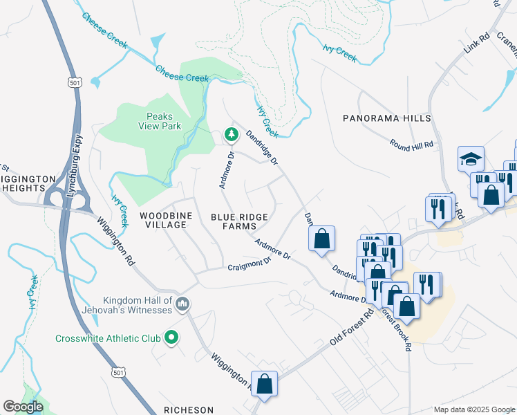 map of restaurants, bars, coffee shops, grocery stores, and more near 1106 Standish Circle in Lynchburg