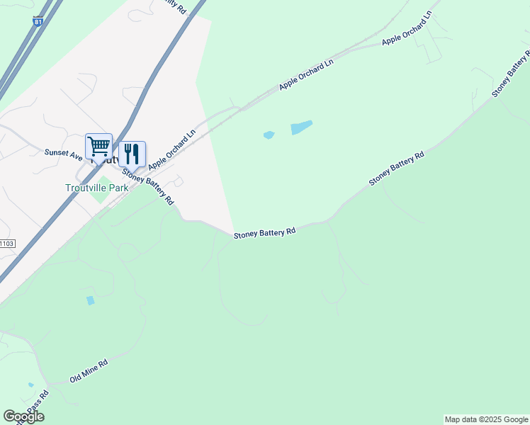 map of restaurants, bars, coffee shops, grocery stores, and more near 655 Stoney Battery Road in Troutville