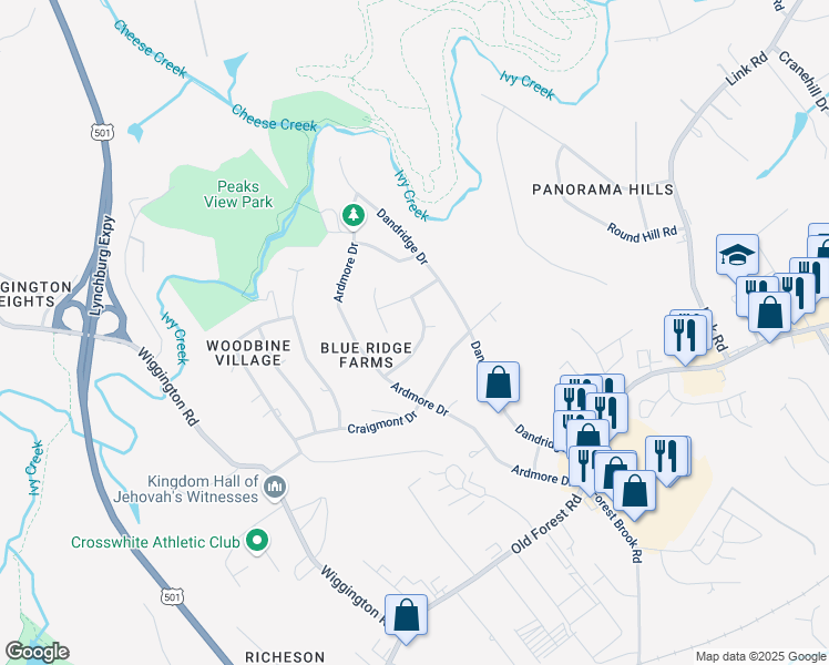 map of restaurants, bars, coffee shops, grocery stores, and more near 1101 Ashley Drive in Lynchburg