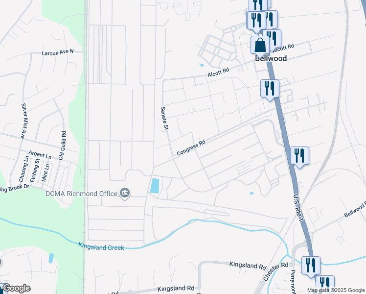 map of restaurants, bars, coffee shops, grocery stores, and more near 3020 Congress Road in Richmond