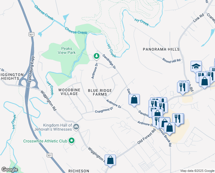 map of restaurants, bars, coffee shops, grocery stores, and more near 1106 Standish Circle in Lynchburg