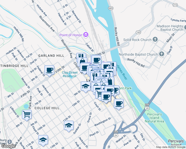 map of restaurants, bars, coffee shops, grocery stores, and more near 750 Main Street in Lynchburg