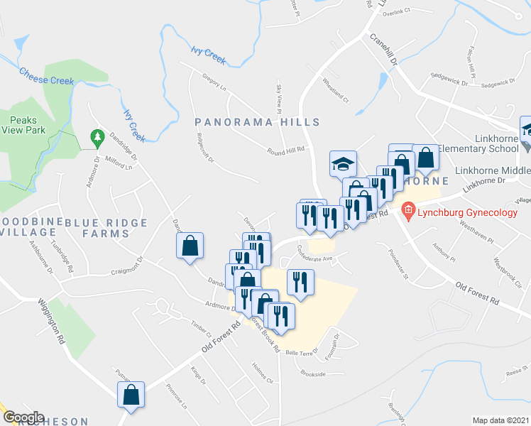 map of restaurants, bars, coffee shops, grocery stores, and more near 129 Kettering Lane in Lynchburg
