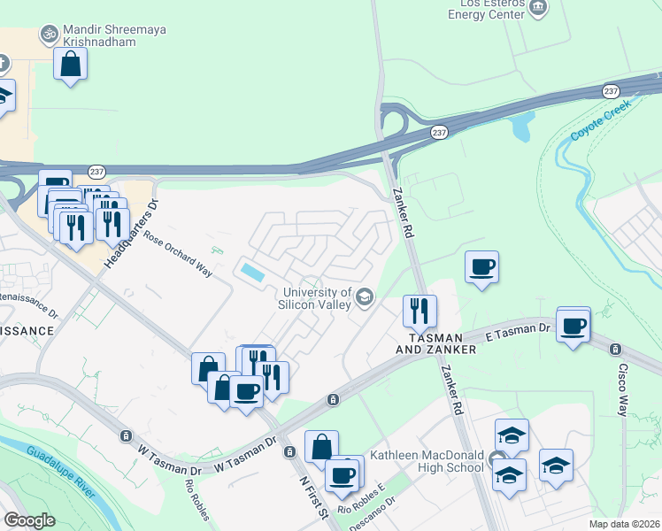 map of restaurants, bars, coffee shops, grocery stores, and more near 866 Spindrift Street in San Jose