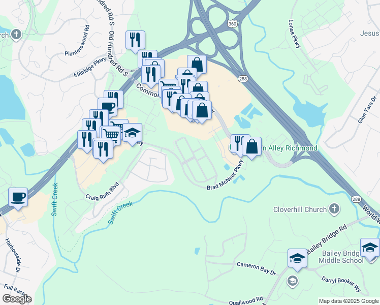 map of restaurants, bars, coffee shops, grocery stores, and more near 5104 Terrace Arbor Circle in Midlothian