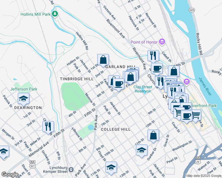map of restaurants, bars, coffee shops, grocery stores, and more near 405 Federal Street in Lynchburg