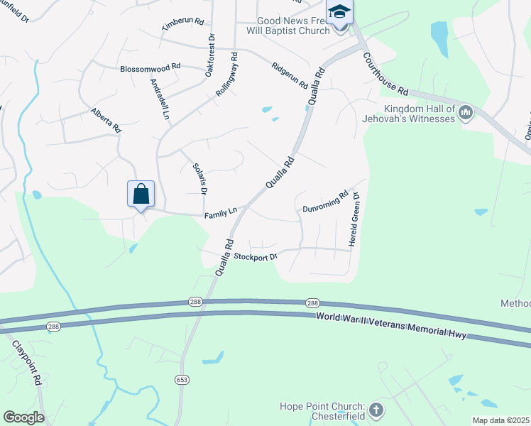 map of restaurants, bars, coffee shops, grocery stores, and more near 9750 Family Lane in Chesterfield