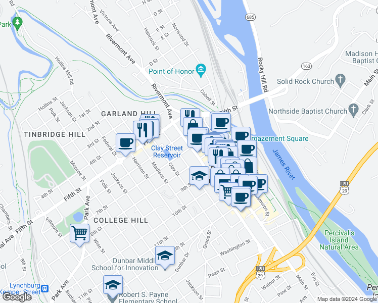 map of restaurants, bars, coffee shops, grocery stores, and more near 706 Church Street in Lynchburg
