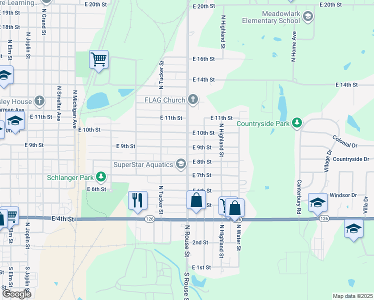 map of restaurants, bars, coffee shops, grocery stores, and more near 1101-1199 E 9th St in Pittsburg
