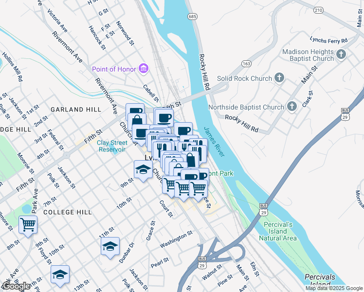 map of restaurants, bars, coffee shops, grocery stores, and more near 901 Jefferson Street in Lynchburg