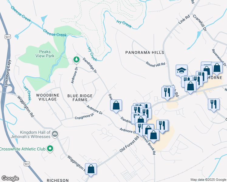 map of restaurants, bars, coffee shops, grocery stores, and more near 1000 Craigmont Drive in Lynchburg