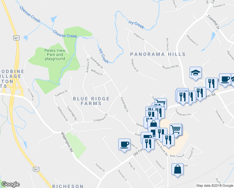 map of restaurants, bars, coffee shops, grocery stores, and more near 1101 Dandridge Drive in Lynchburg