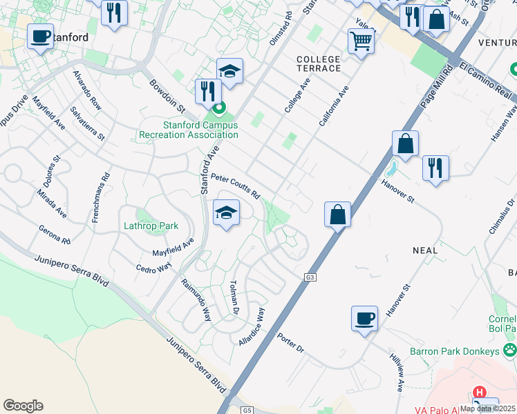 map of restaurants, bars, coffee shops, grocery stores, and more near 935 Mears Court in Stanford