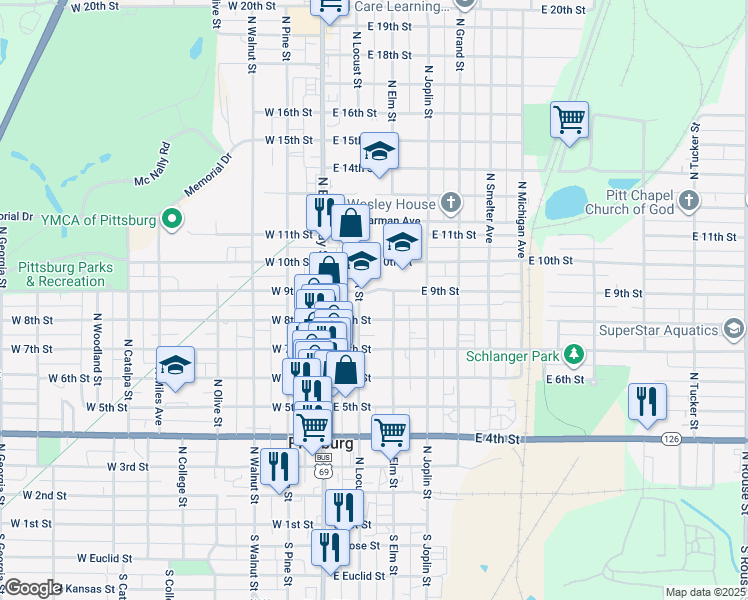 map of restaurants, bars, coffee shops, grocery stores, and more near 212 East 9th Street in Pittsburg