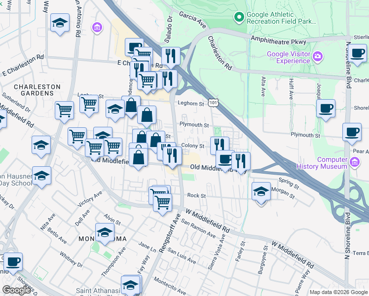 map of restaurants, bars, coffee shops, grocery stores, and more near 2061 Colony Street in Mountain View