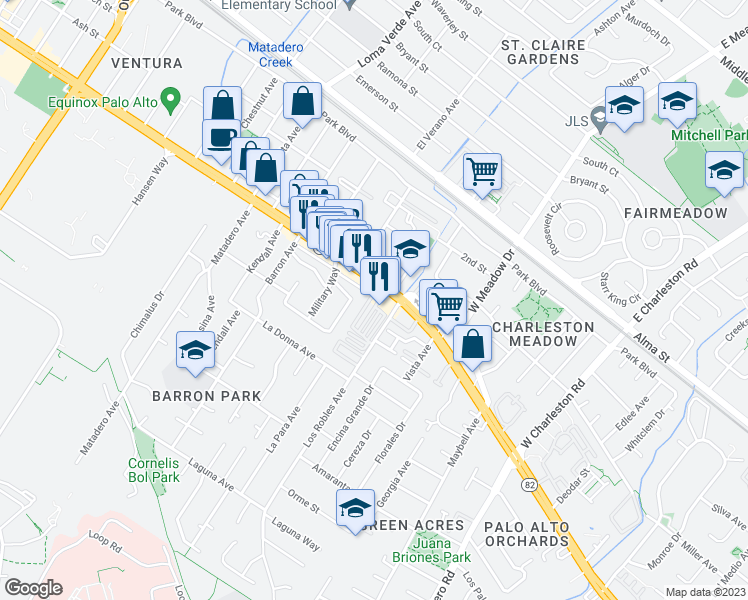 map of restaurants, bars, coffee shops, grocery stores, and more near 3898 Magnolia Drive in Palo Alto