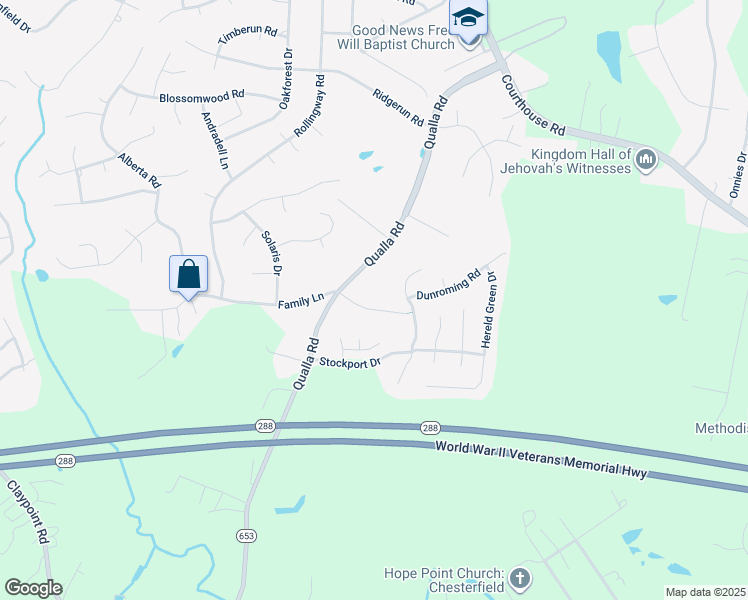 map of restaurants, bars, coffee shops, grocery stores, and more near 9750 Family Lane in Chesterfield
