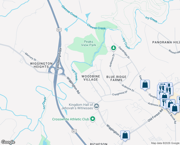 map of restaurants, bars, coffee shops, grocery stores, and more near 1474 Tenbury Drive in Lynchburg