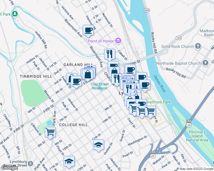 map of restaurants, bars, coffee shops, grocery stores, and more near 618 Court Street in Lynchburg