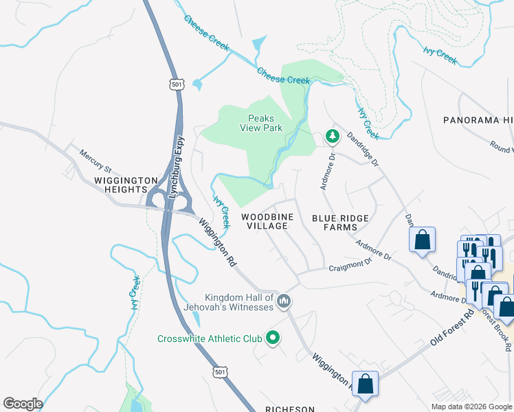 map of restaurants, bars, coffee shops, grocery stores, and more near 1452 Tenbury Drive in Lynchburg