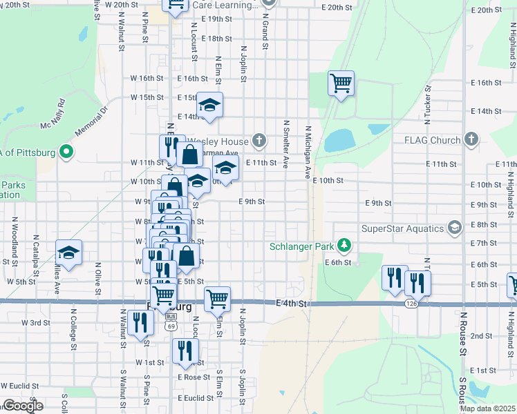 map of restaurants, bars, coffee shops, grocery stores, and more near 420 East 9th Street in Pittsburg